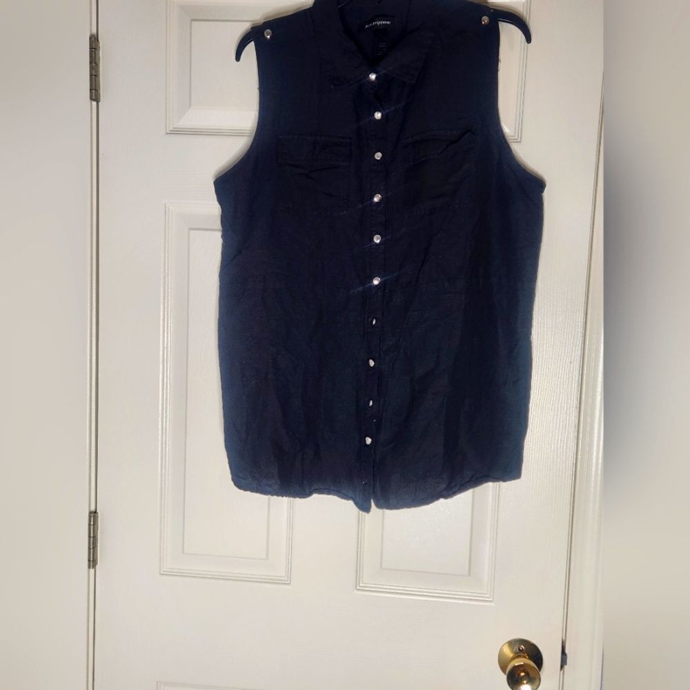 Ashley Stewart 16 Black 100% LINEN Pockets Slvless Straps Buttons Up Women Shirt